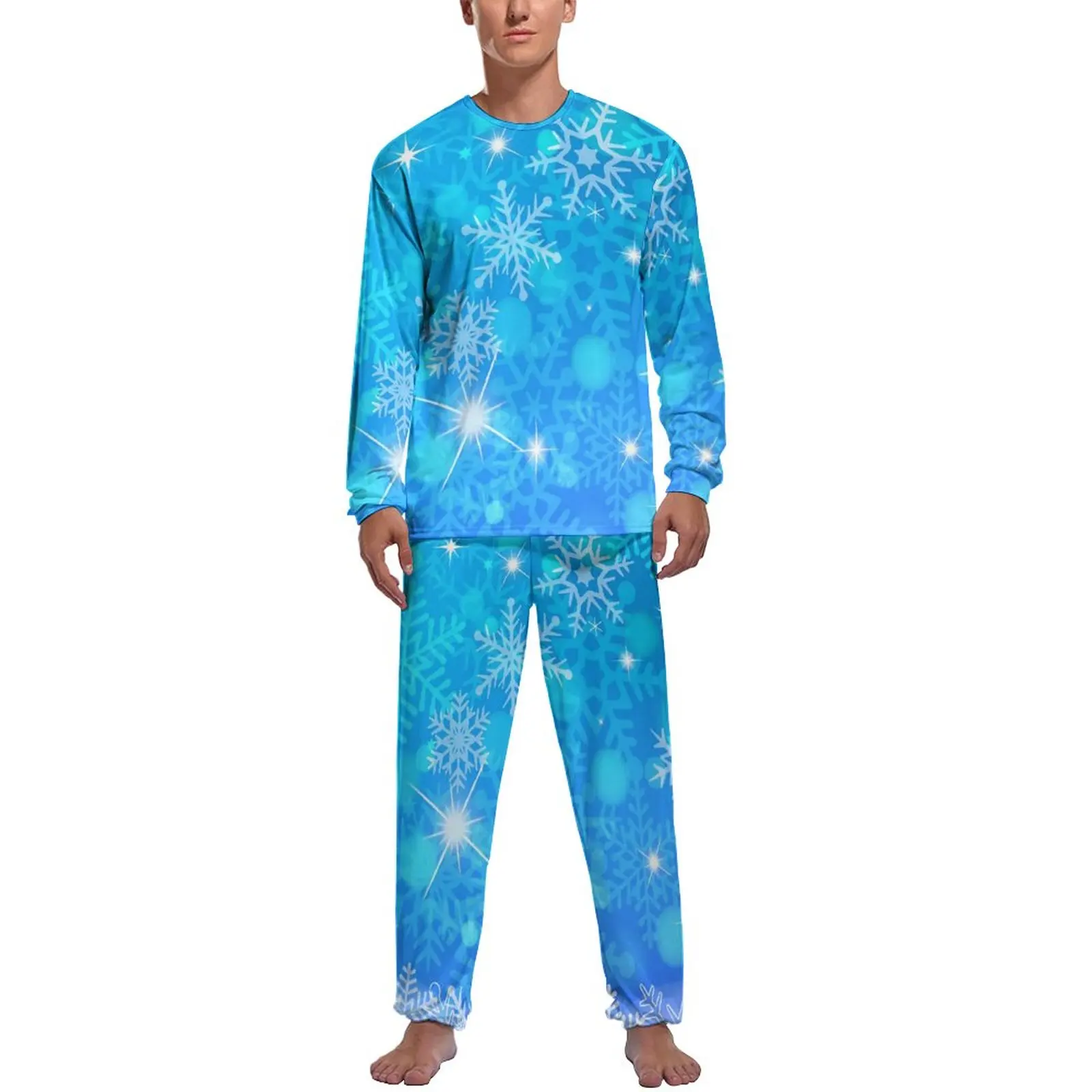 

Sparkle Snowflake Pajamas Male Blue Print Lovely Home Suit Autumn Long Sleeve Two Piece Casual Design Pajamas Set