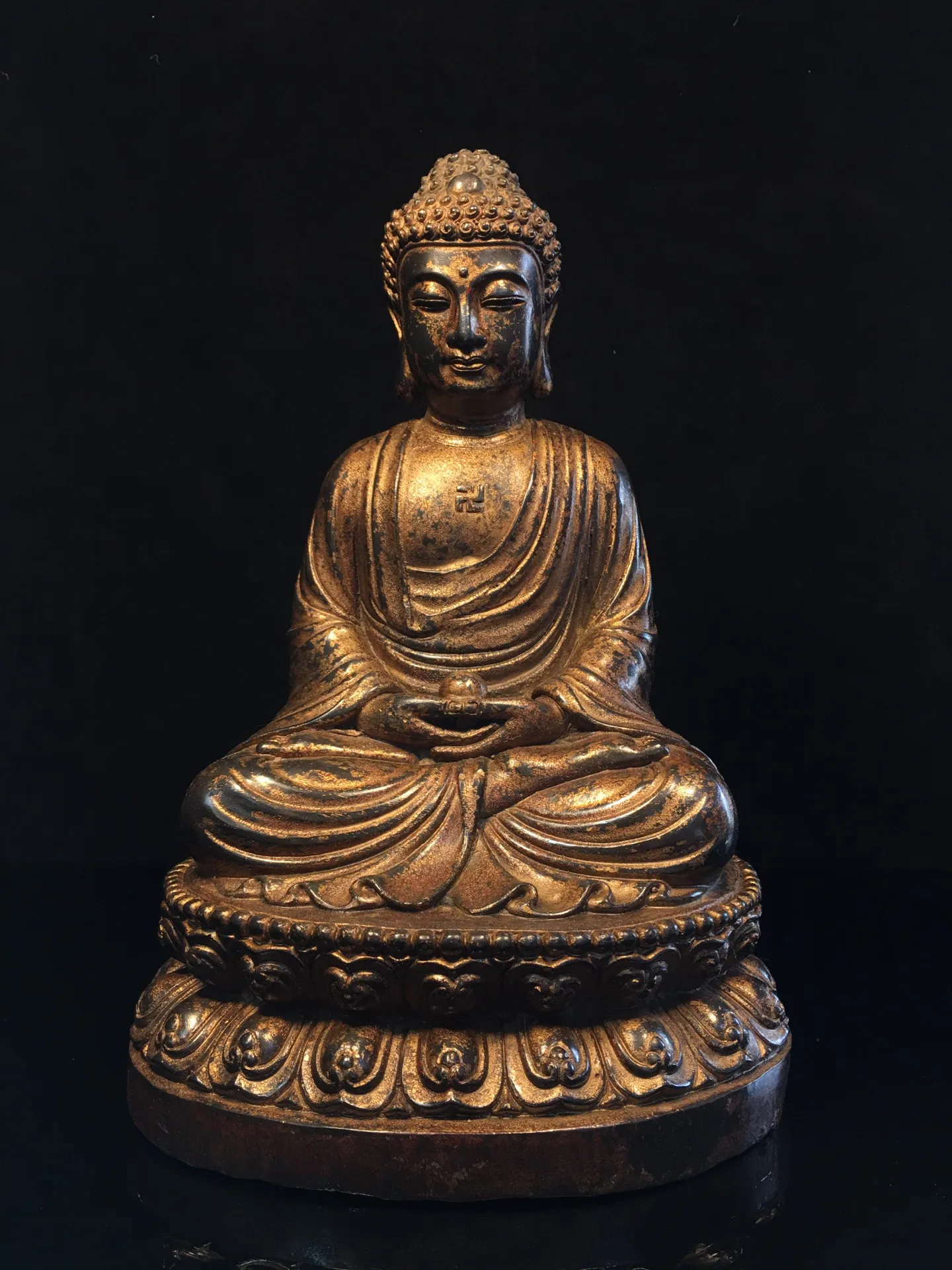 

12"Tibet Temple Collection Old Bronze Cinnabar Gilding Amitabha Sakyamuni Lotus Stage Sitting Buddha Worship Hall Town house