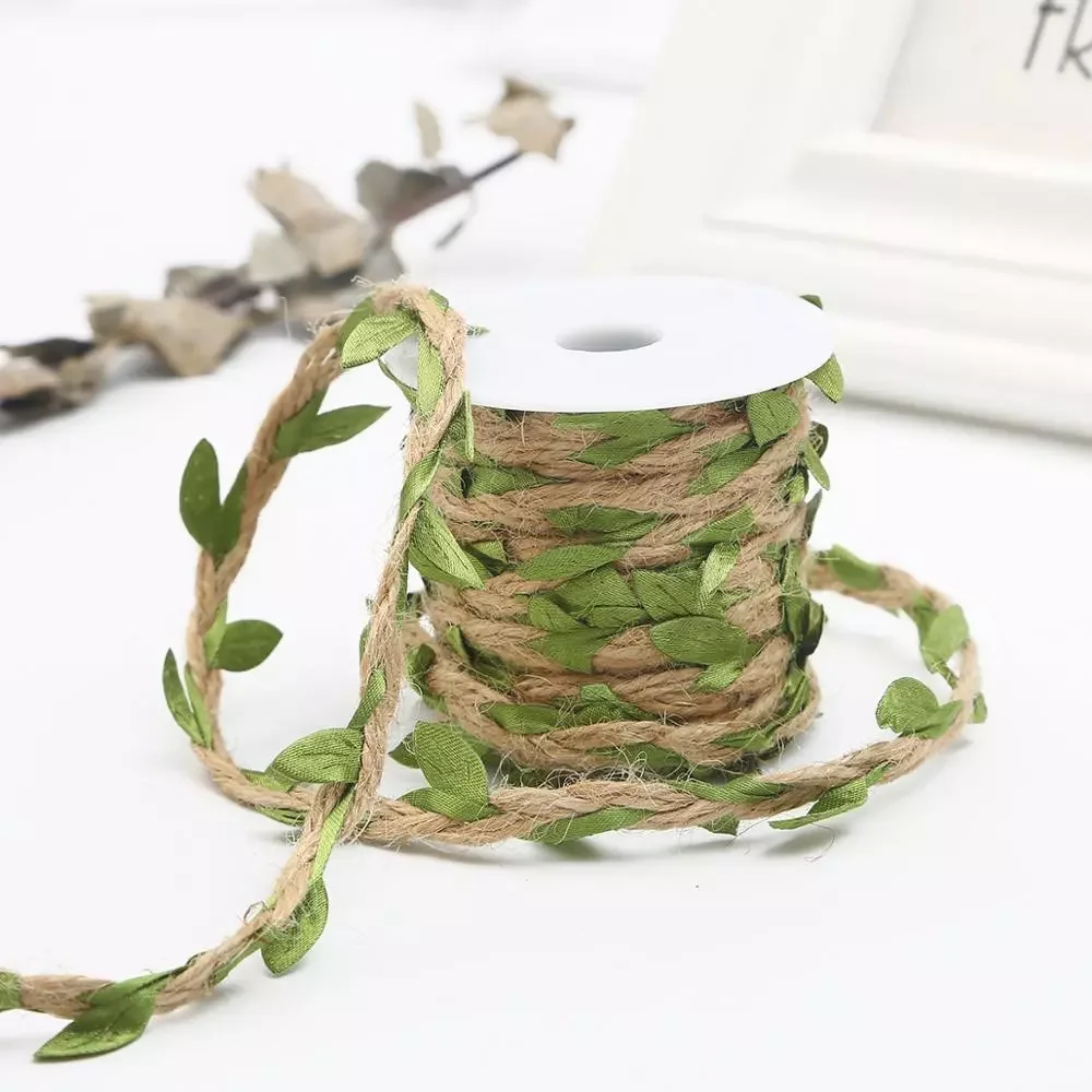 

Гирлянда из натурального джутового ротанга, плетеная веревка с зелеными листьями из искусственного шелка, с кружевной отделкой, деревенска...