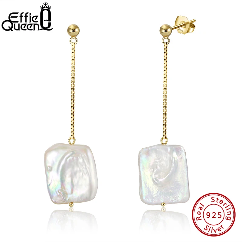 

Effie Queen Retro Baroque Freshwater Cultured Pearl Earrings 925 Silver 14K Gold Plated Long Line Drop Earring for Women GPE05