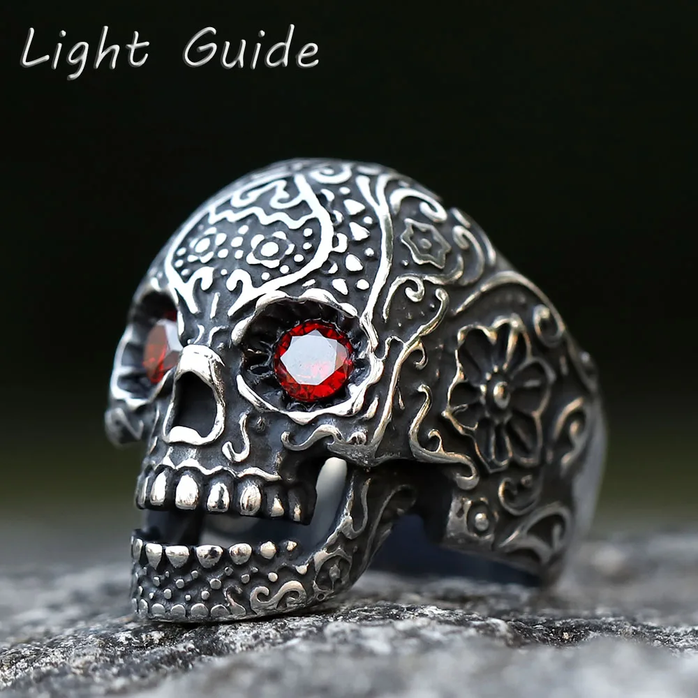 

2022 NEW Men's 316L stainless steel ring Punk Rock flower skull Ring For Men fashion with Stones Halloween Jewelry free shipping