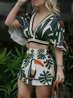 2021 female 2 piece new plant print cloak suit skirt fashion v neck crop top and skirt set two pieces womens suit summer beach