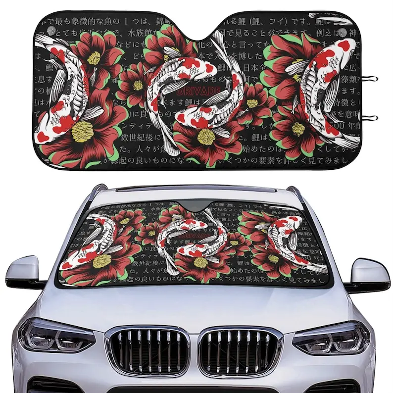 

Цветочный автомобильный тент Koi Fish JDM, аксессуары для автомобиля в японском стиле, баннер на лобовое стекло, японская рыба, цветы, дизайн JDM, автомобиль Sunshi