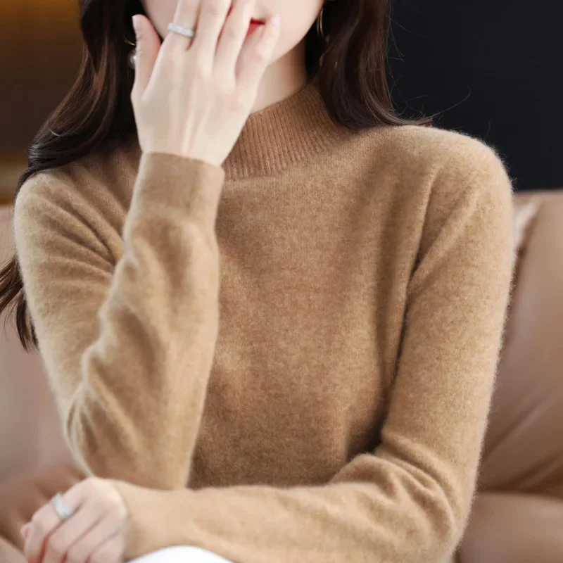 

100% Merino Wo Cashmere Sweater Women Knitted Half Turtleneck Long Sleeve overs Autumn Winter Clothing Warm Jumper Tops