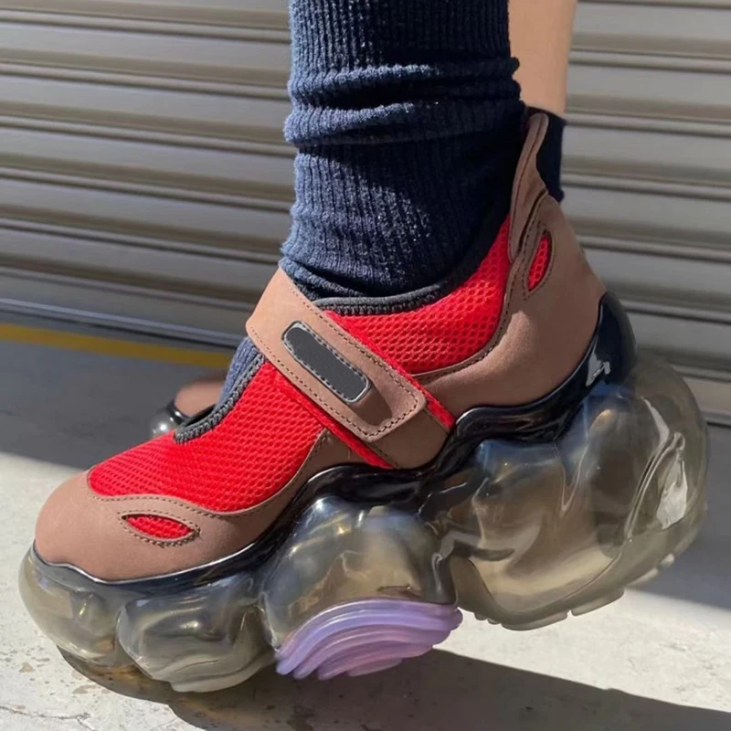 2023 Women Bubble Damping Thick Sole Round Toe Hook&Loop Flats Sneakers Ladies Mesh High Platform Mixed Color Dad's Casual Shoes