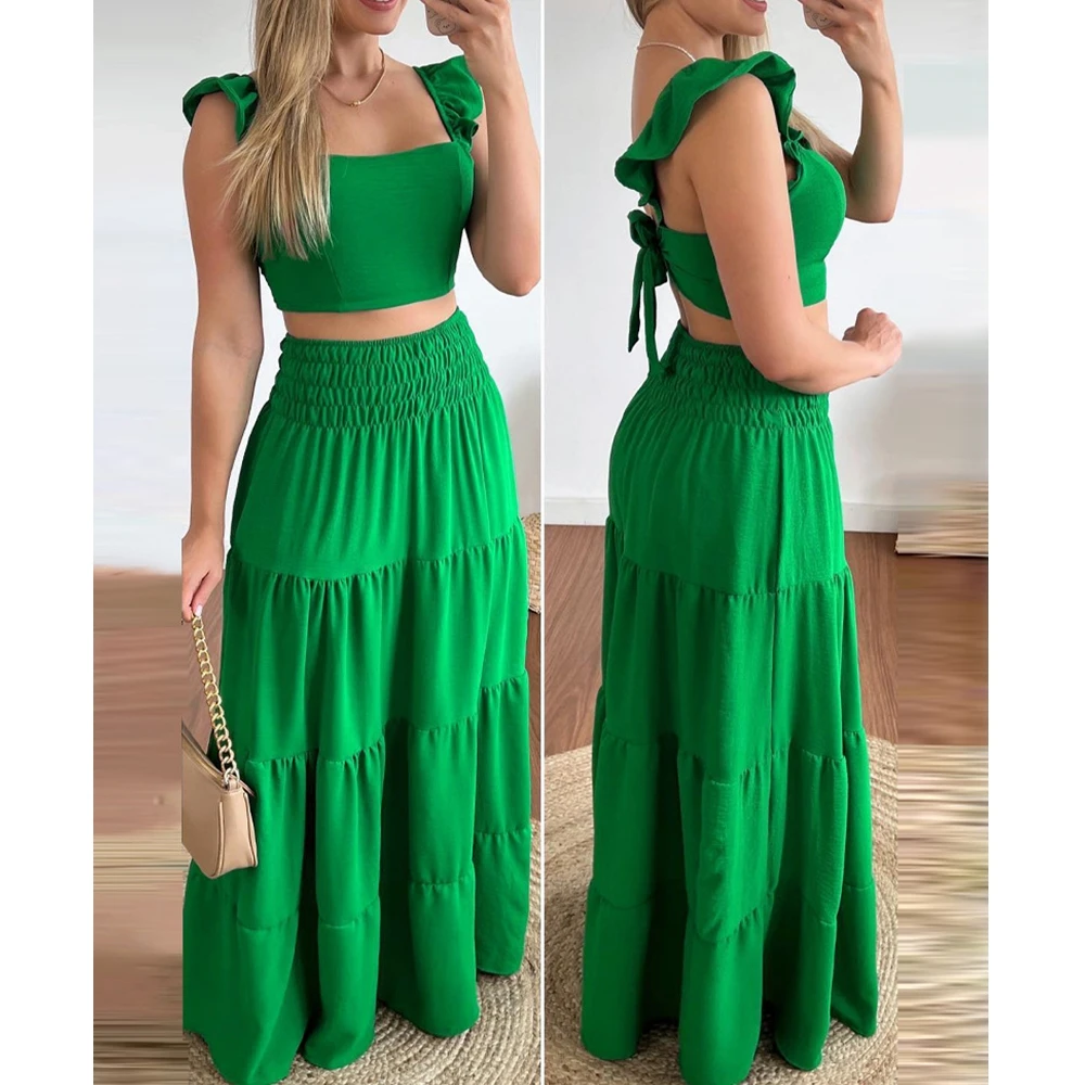 

Женский летний комплект из топа и юбки, с высокой талией