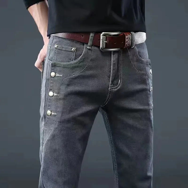 Trendy Men Clothing Slim Button Black Jeans Solid Color Stretch Skateboard Multi-button Youth Mens Skinny Denim Pants
