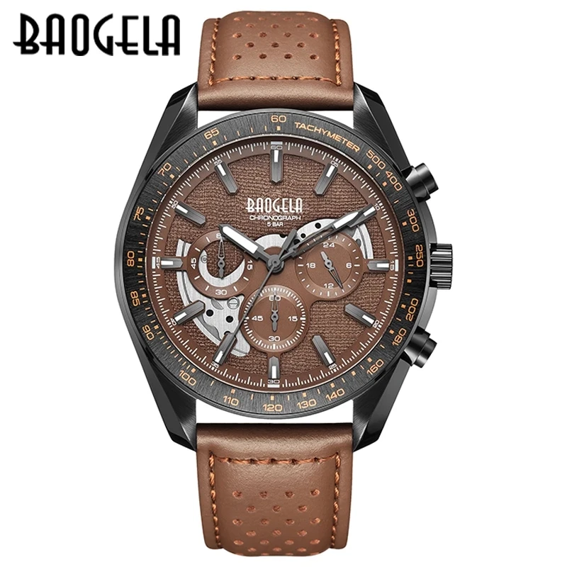 BAOGELA 2023Luxury Men Sport Quartz Male Chronograph Calendar Japan Movement 50M Top Brand Clock Genuine Leather Wristwatch