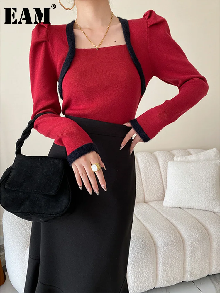 

[EAM] черный цветной вязаный свитер с квадратным вырезом и длинным рукавом, женские пуловеры, новая мода, весна-осень 2023 1DF3993