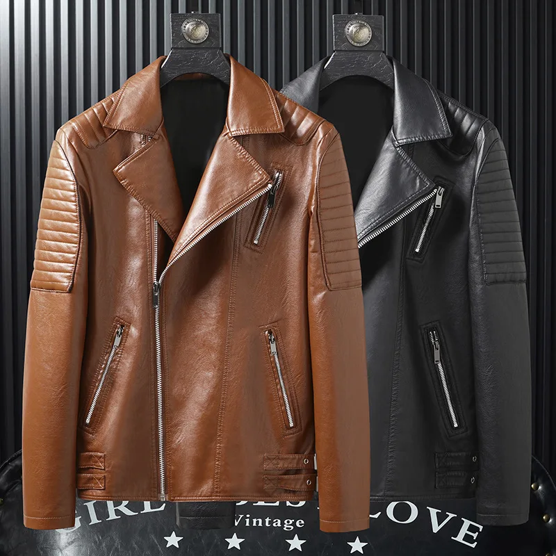 

Leather jacket men's new spring and autumn slim Korean version short lapel motorcycle leather jacket men's coat