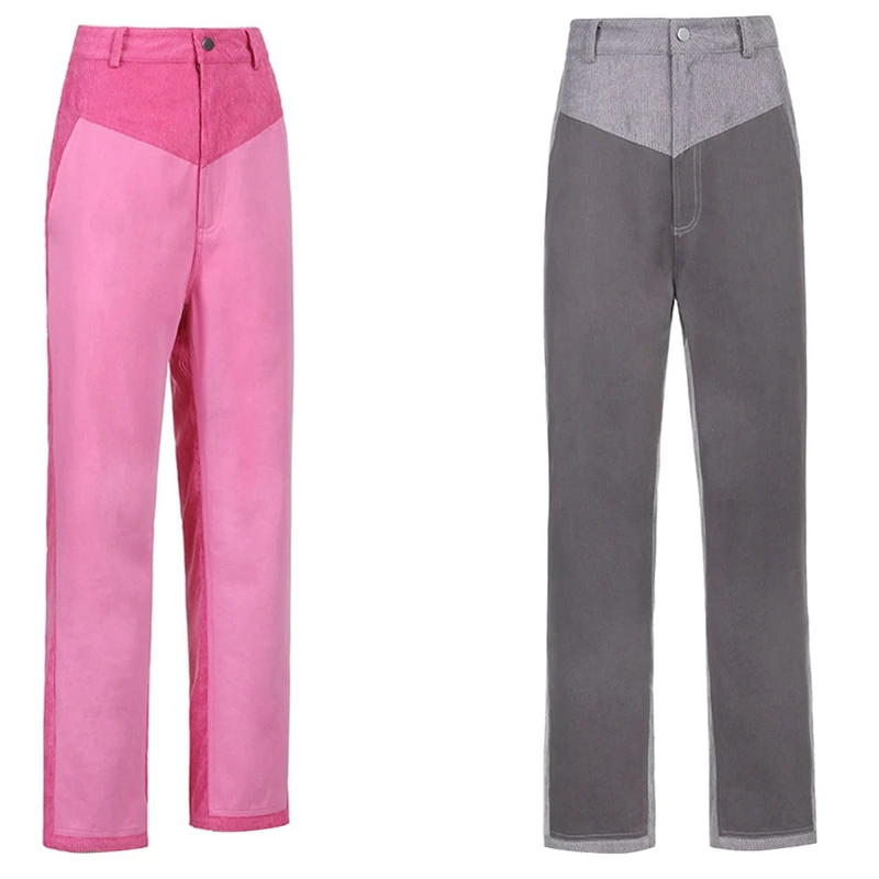 

2 Pcs Aesthetic Baggy Joggers Women Contrast Patches Corduroy Y2K Sweatpants High Waist Egirl Cargo Pants M, Pink & Gray