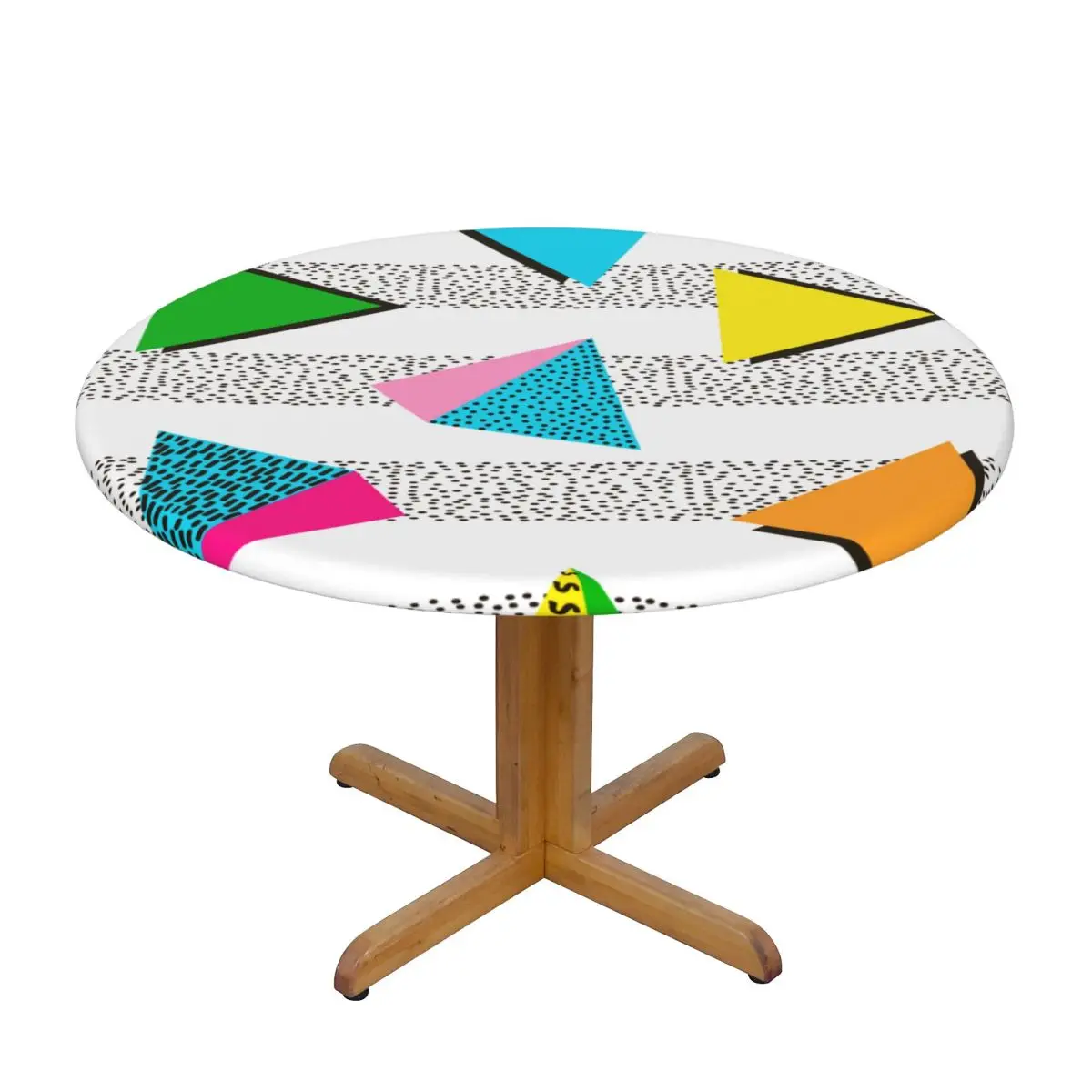 

Round Table Cover for Dining Table Elastic Tablecloth Colorful Geometric Bright 80'S 90'S Pattern Fitted House Hotel Decoration