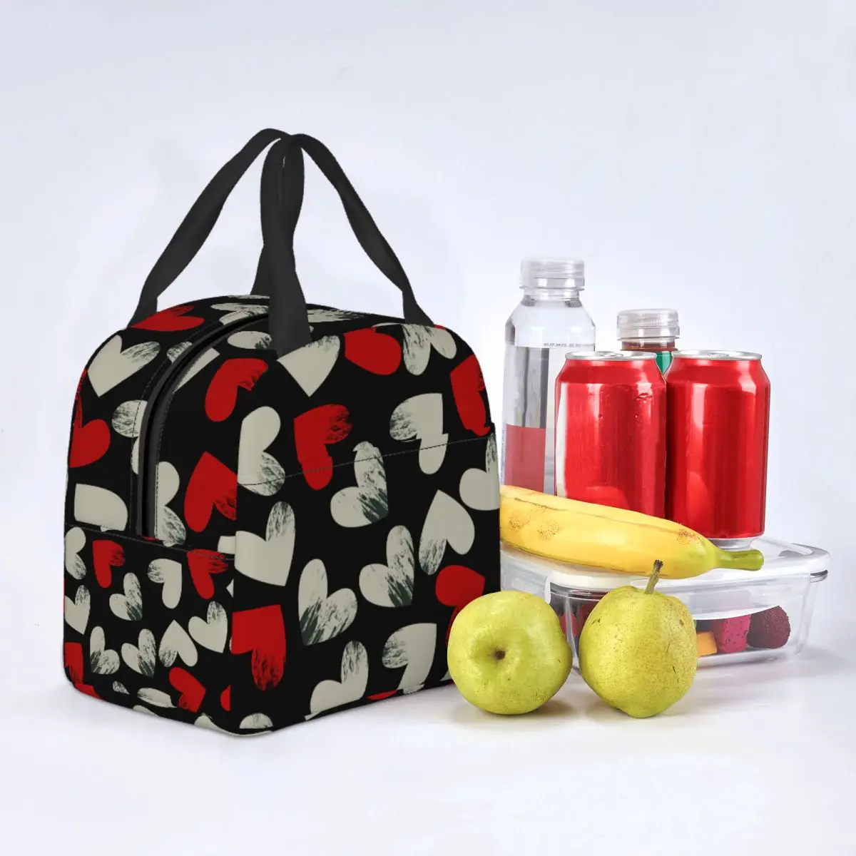 Scratched Heart Pattern Lunch Bag Portable Insulated Canvas Cooler Thermal Food Picnic Work Lunch Box for Women Girl