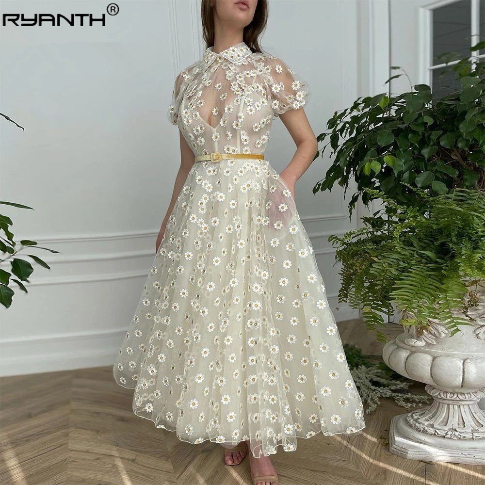 

Ryanth Daisy Midi Prom Dress Short Sleeves Sheer High Neck Tulle Ankle Length A-Line Party Illusion Evening Gowns Robe De Mariee