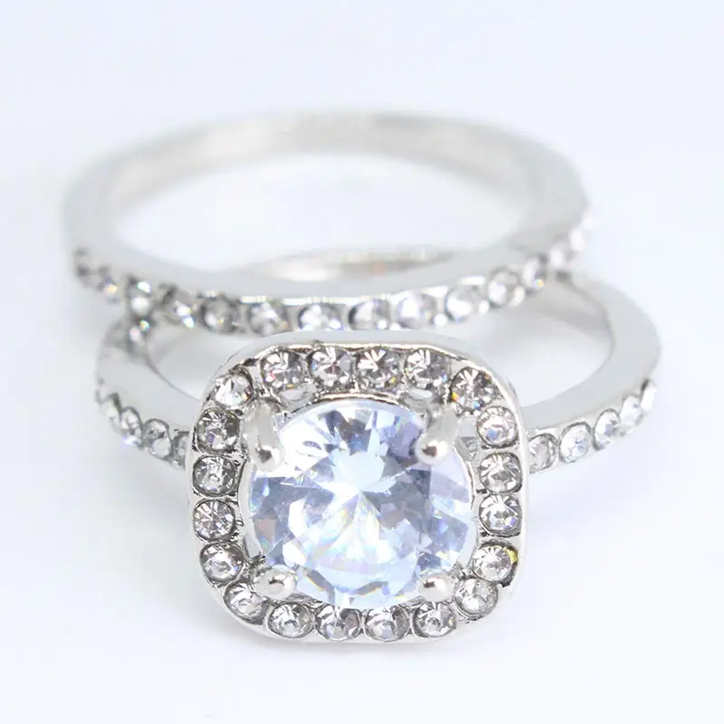 

2pcs Trendy Round Clear Crystal Rings Set for Women White Gold Color Women's Wedding Jewelry Accessories Gifts Dropshipping