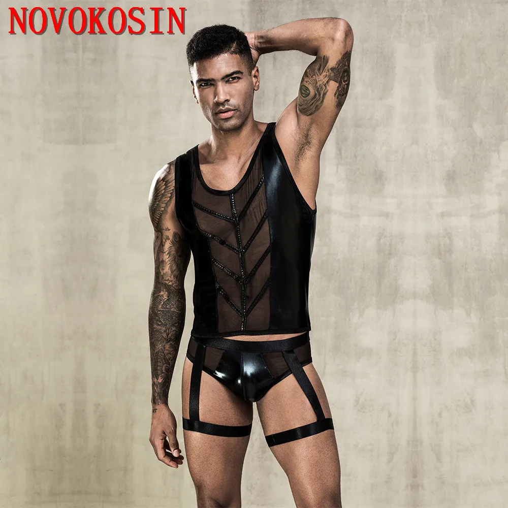 2022 Faux Leather Men Fancy Halloween Beading Tulle Vest Bandage Gay Panties Outfit Night Club Underwear Sexy Cosplay Costumes