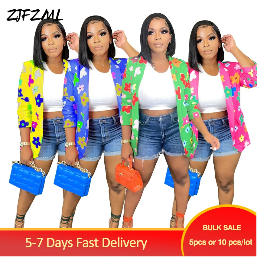 

Большие партии, оптовая продажа, потрясающий прямой блейзер с цветочным принтом, пальто для женщин, простые Жакеты с длинным рукавом и англи...