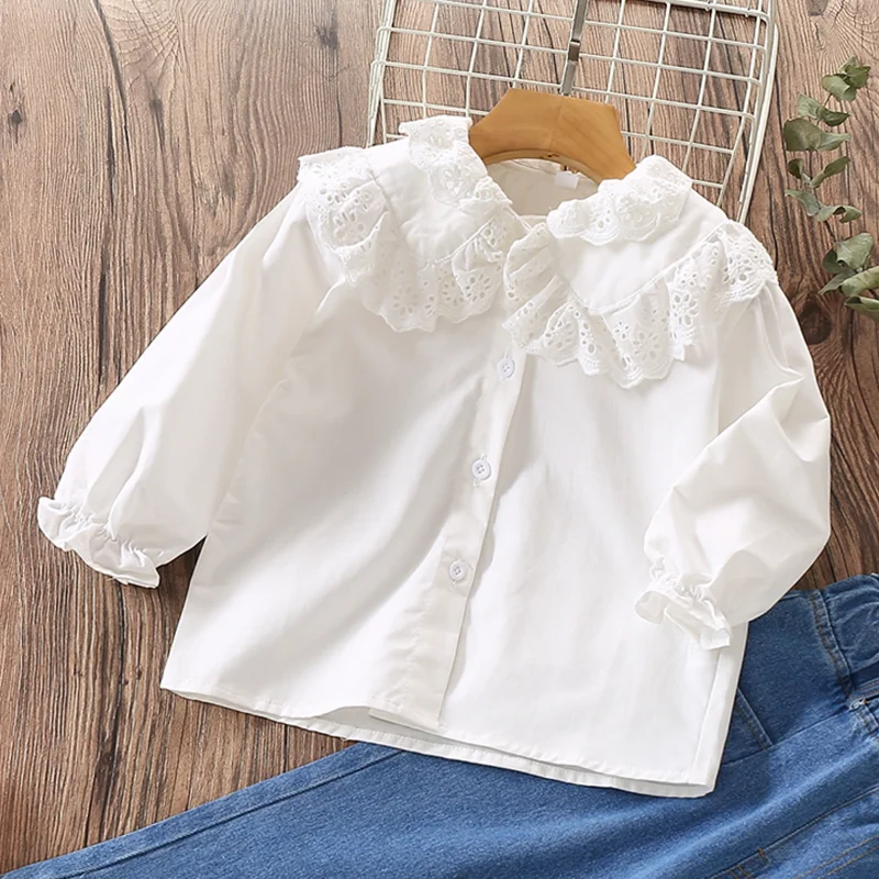 

Girls White Shirts Baby Girls Blouses Kids Clothes Lace Spring Long Sleeve Cotton School Uniform Toddler Tops 2 4 6 8 Years
