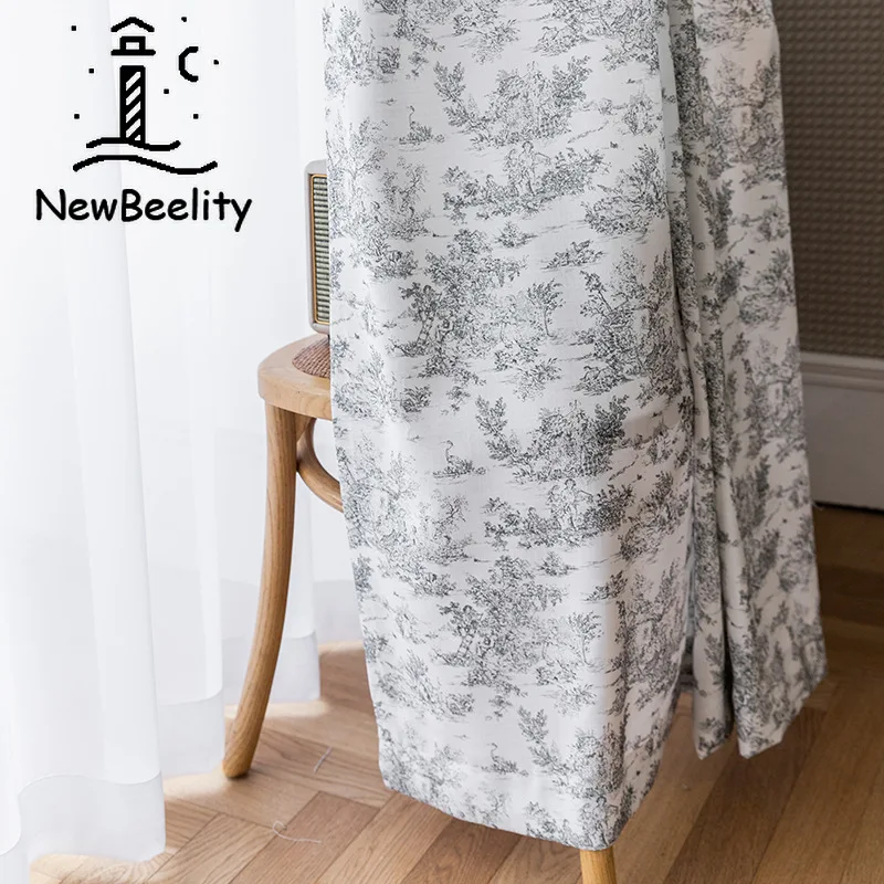 

French Curtains for Living Dining Room Bedroom Modern Retro Gray Ink Cotton Linen Printed Curtains French Window