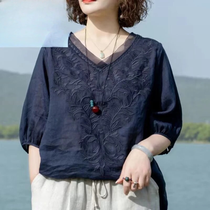 Женская льняная футболка с вышивкой повседневный Свободный Топ коротким рукавом