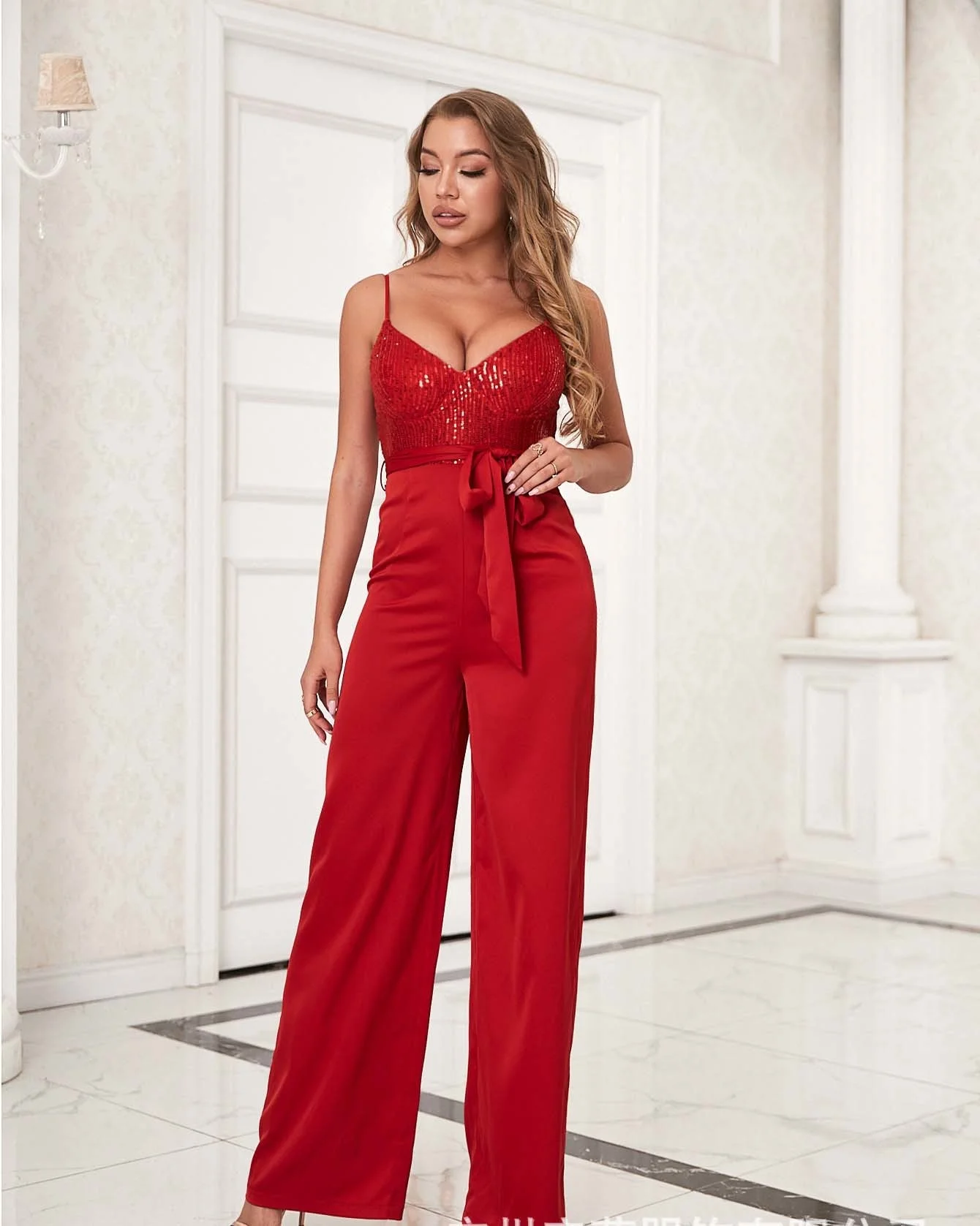 

2022 New Women Jumpsuits Design Sense Women's Sequin Splicing Sling Open Back Belt Bodysuit Party Prom