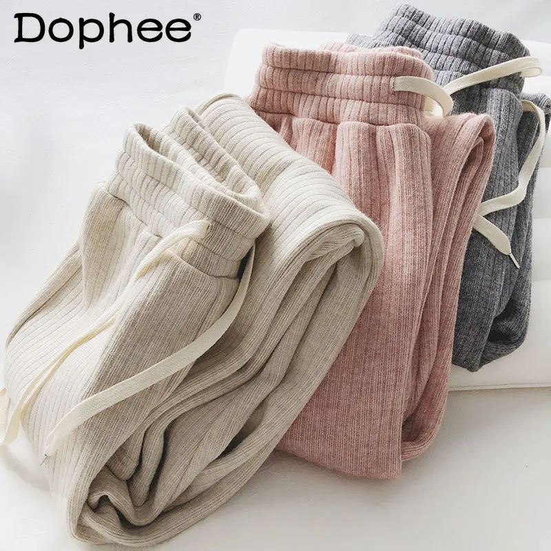 Soft Fleece Thicken Wide Leg Pants Women Winter High Waist Slimming Loose Drooping Straight Knitted Trousers Sports Casual Pants