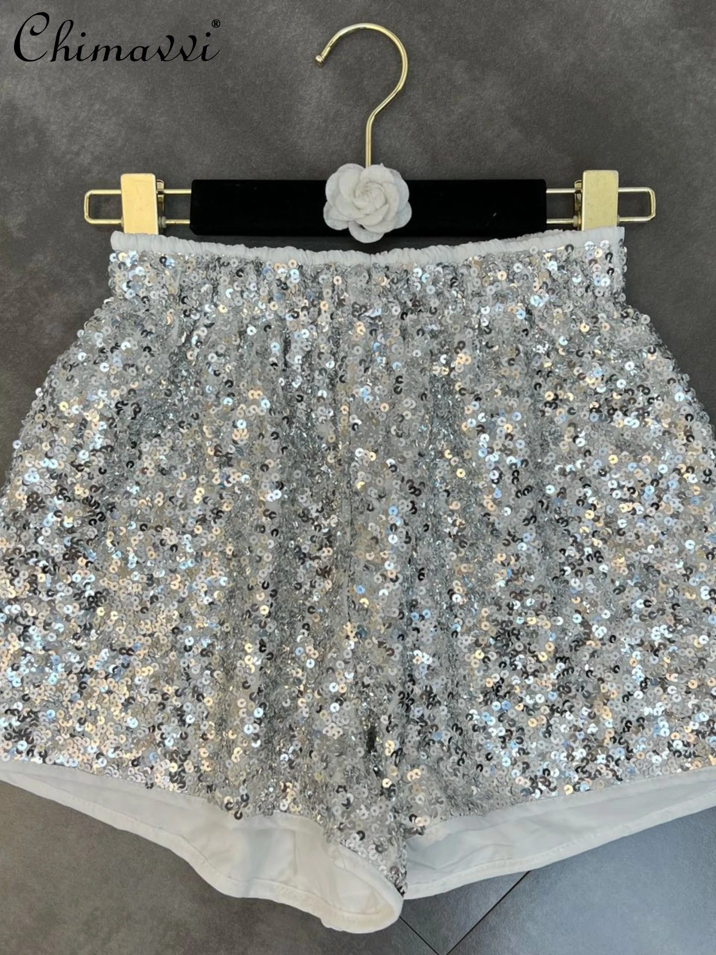 

2022 Summer New Fashion Elastic Waist Wide Leg Shorts Streetwear Night Club Style Sequined Decoration Slim Elegant Short Pants