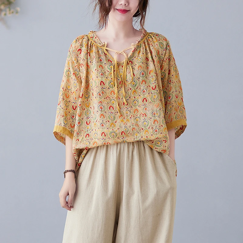 

2022 Summer New Arts Style Women 3/4 Sleeve Cotton Loose Casual T-shirt Floral Print Vintage V-neck Tee Shirt Femme Tops V844