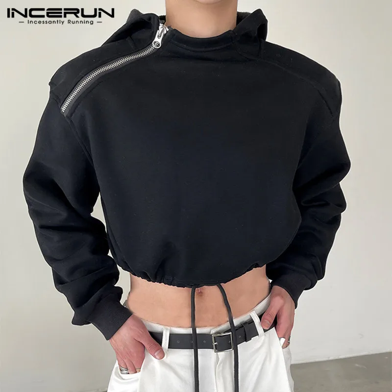 2023 Men Hoodies Solid Color Zipper Hooded Long Sleeve Personality Casual Sweatshirts Streetwear Fashion Crop Tops S-5XL INCERUN