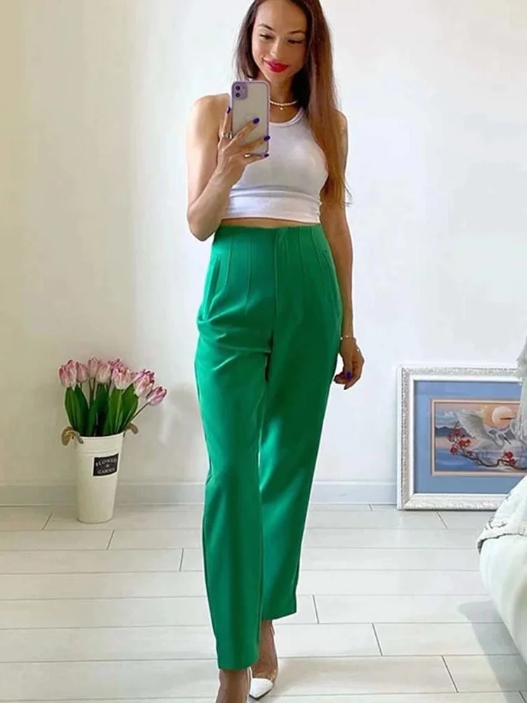 

2023 Women Fashion Side Pockets Straight Pants Office Wear Vintage High Waist Zipper Fly Female Trousers Mujer