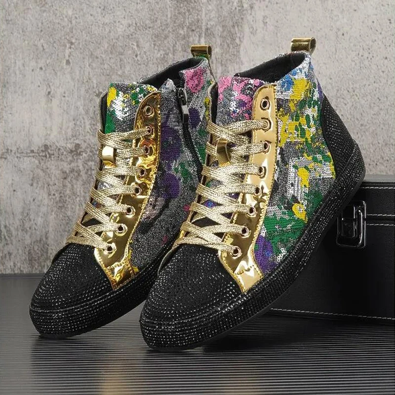 

New High-Top Martin Ankle Boots Men Casual Sneakers Graffiti Full Diamond Print Shiny Inner Heightened Thick-Soled Fashion Shoes