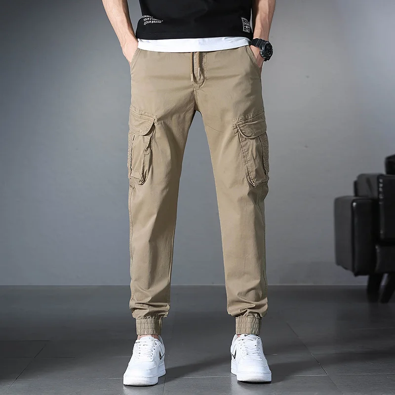Брюки-карго мужские с эластичным поясом, Длинные Мешковатые прямые штаны с несколькими карманами, джоггеры, большие размеры, весна-осень