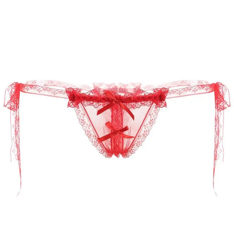 

2pcs Sexy lingerie women's panties crotch opening transparent G-string thong bow lingerie for women's lace lace lace-up panties