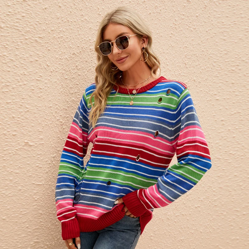 

2023 elegant casual,Autumn winter color sweater long sleeve round neck striped sweater loose casual color contrast hole sweater