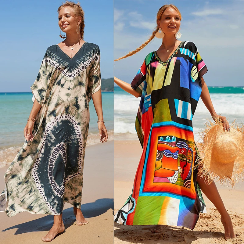 

39 Colors Boho Print Maxi Dress Batwing Sleeve Loose Tunic Beach Dress Casual Women Beachwear Kaftan Bikini Cover-ups Robe