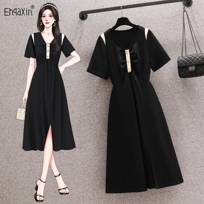 EHQAXIN Elegant Womens Dress Fashionable 2023 Summer New Temperament Patchwork Pleated Short Sleeved A-Line Casual Dresses M-4XL