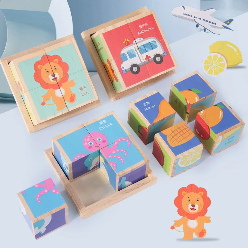 

6 Sides 3D Puzzles Game Cubes Montessori Animal Traffic Fruit Wooden Blocks Jigsaw Early Education Learning Toys for Children