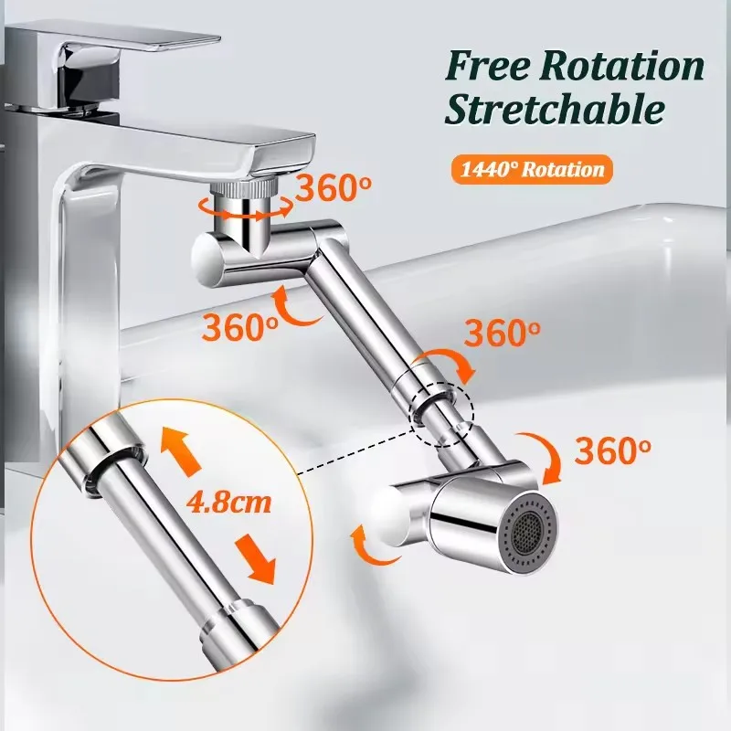 Фото 1440 °   Металлический универсальный вращающийся смеситель, аэратор, барботер, насадка, кухонный кран, распылитель, адаптер, удлинитель для смесителя для умывальника, новинка №2