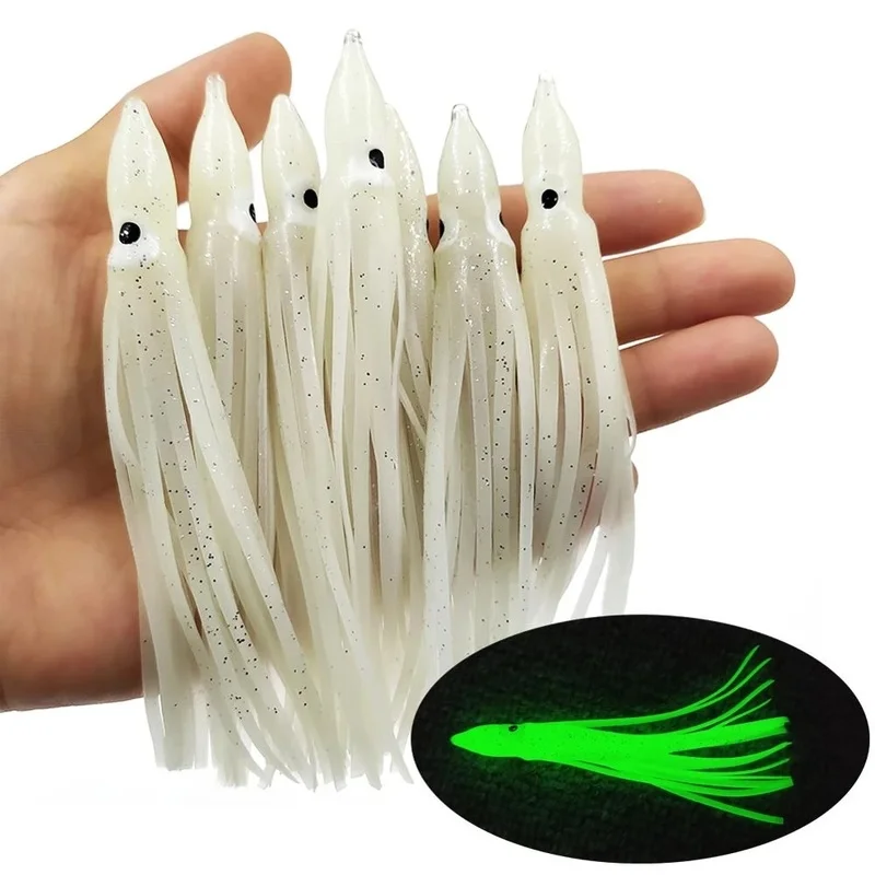 

5Pcs Luminous Squid Skirts Soft Lure 9cm/12cm Night Fishing Lure Octopus Glow Rubber Artificial Pesca Bait Wobblers For Tuna