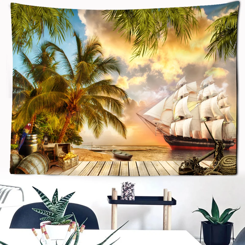 

Tropical Beach Sunset Tapestry Sailboat Seaside View Home Decor Kitchen Bathroom Wall Decoration Dorm Good Things To Share