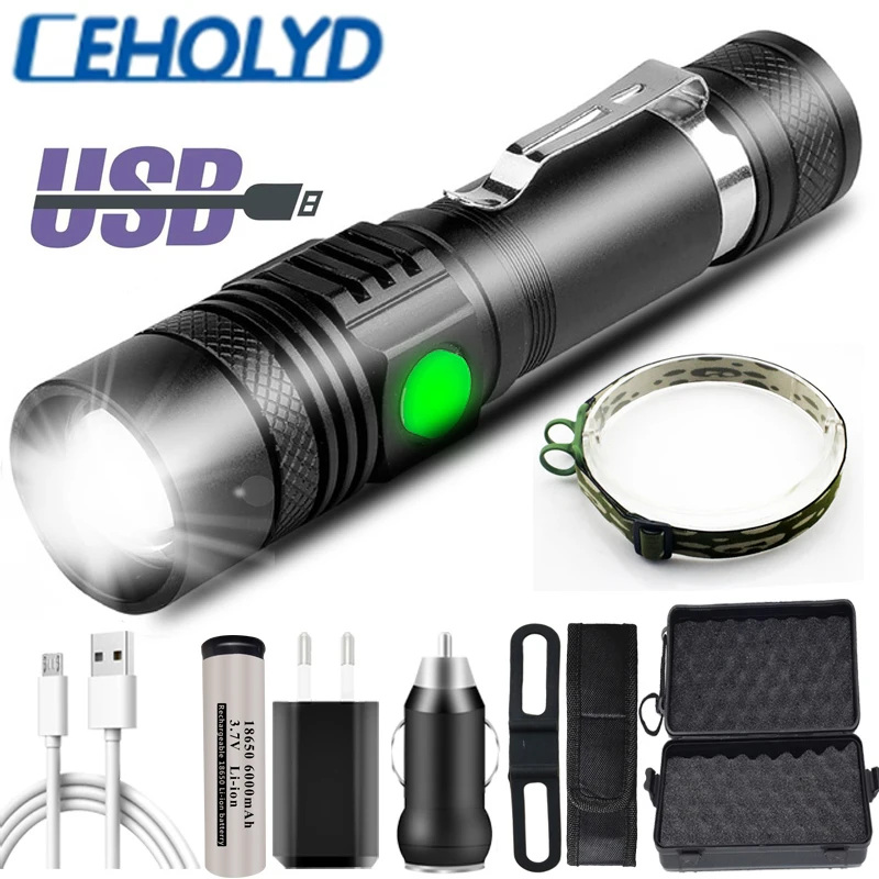 

LED Flashlight XP-L T6 USB Rechargeable Power By 18650 Battery Ultra Light Waterproof Torch Zoomable Lamp Multi-function Lantern