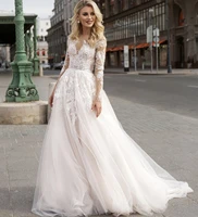 a line wedding dress 2022 sheer neck full sleeve backless button tulle floor length sweep train elegant bride gown custom made