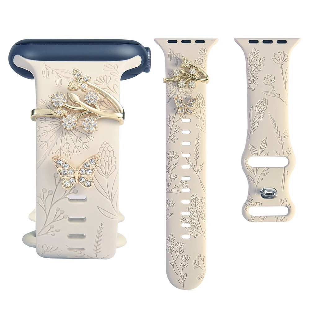 Carved Pattern Slicone band for Apple Watch 40mm 41mm 44mm 45mm 49mm Sport bracelet Strap with decoration charms for iwatch 8 7