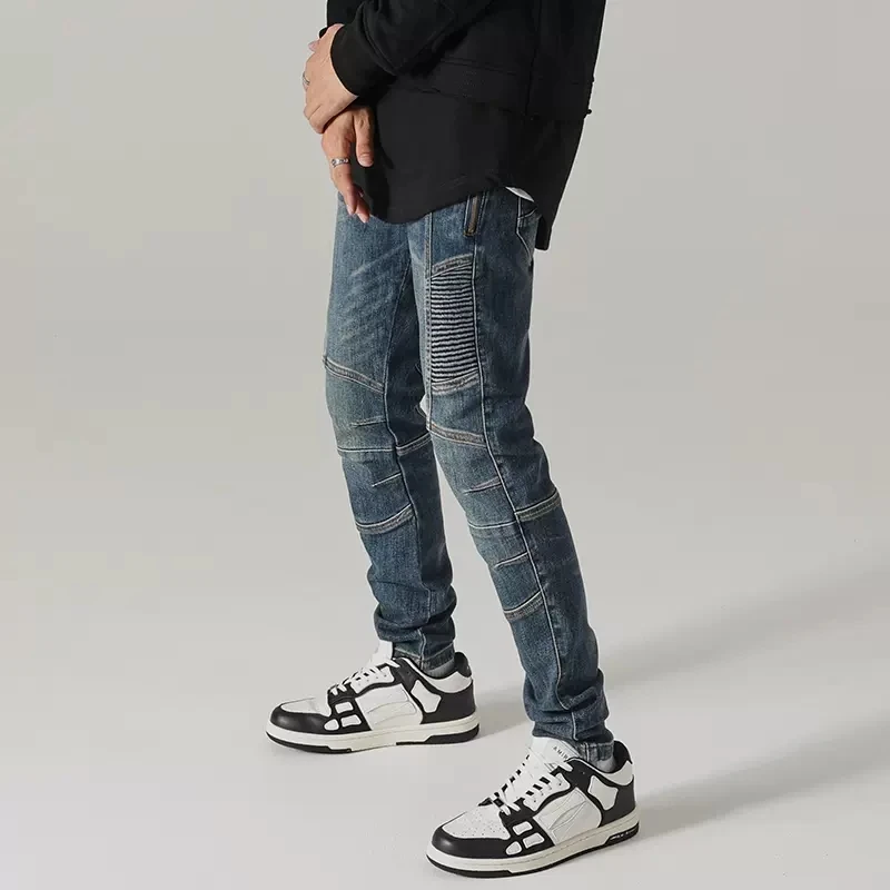 Street Fashion Men Jeans Retro Blue Elastic Slim Fit Spliced Biker Jeans Men Zipper Wrinkle Patch Designer Hip Hop Pants Hombre