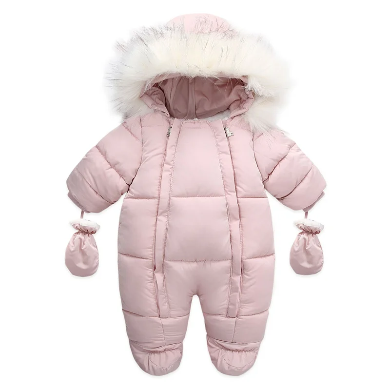 

6-24M Winter Newborn Rompers For Girls Boys Cotton Toddler Romper With Gloves Solid Infant Hooded Jumpsuit Plus Velvet Clothes