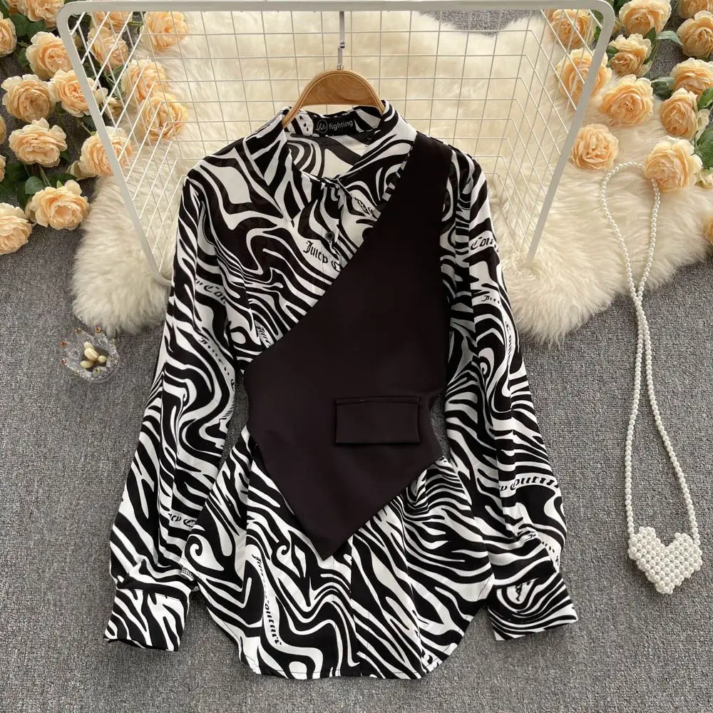 Zebra Pattern Fake Two Piece Shirt Women's New Fall 2022 Loose Lace Up Long Sleeve Top  blouses for women fashion 2022
