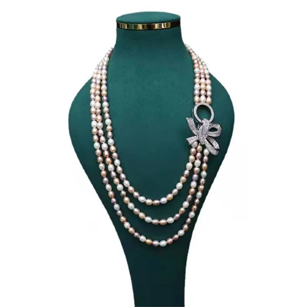 

Natural Freshwater Pearl Necklace 6-7mm Mixed Color Rice Beads Bow Fine Necklace Jewelry