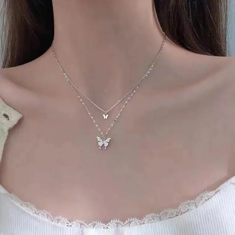 

Nuevo collar de mariposa brillante para mujer, exquisito collar de cadena de clavícula de doble capa, joyería para regalo de muj