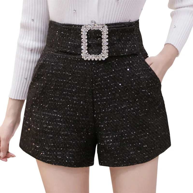 

Fashion rhinestones tweed shorts women autumn winter sequin black women‘s shorts glitter diamonds belt high waist short femme