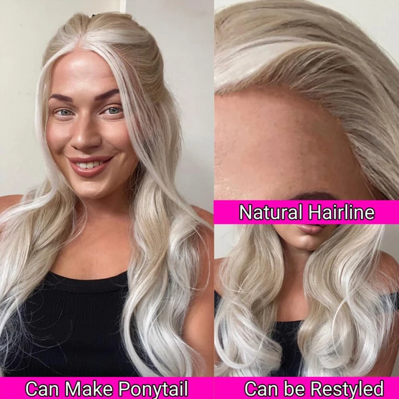 60/613 Gold gradient Grey lace front wig White gold light yellow long straight Japanese synthetic Platinum 26 inch